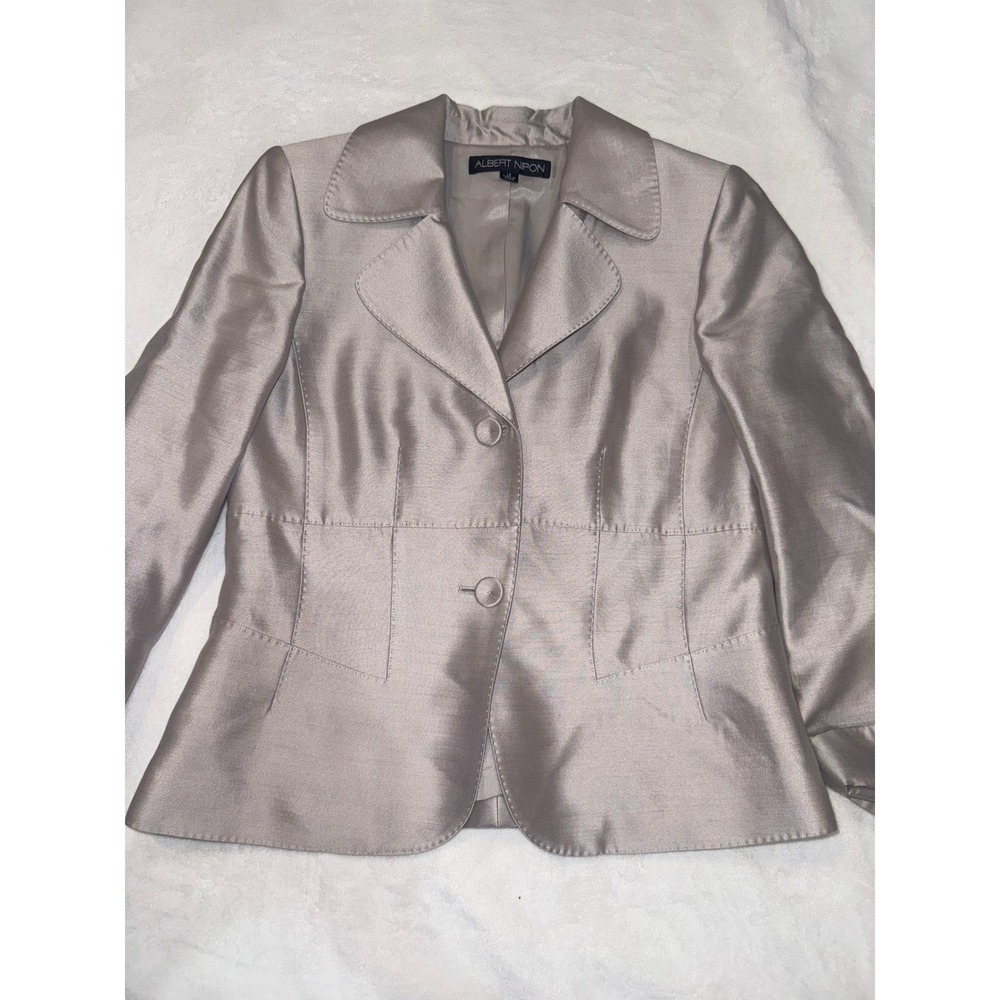 Albert Nipon Women Champagne Silver Satin Blazer Jacket Size 12 Tailored Evening